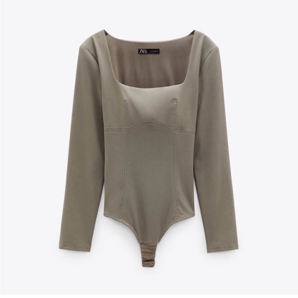 Zara Tops - Zara Square Neck Long Sleeve Bodysuit in Taupe Khaki Size XS